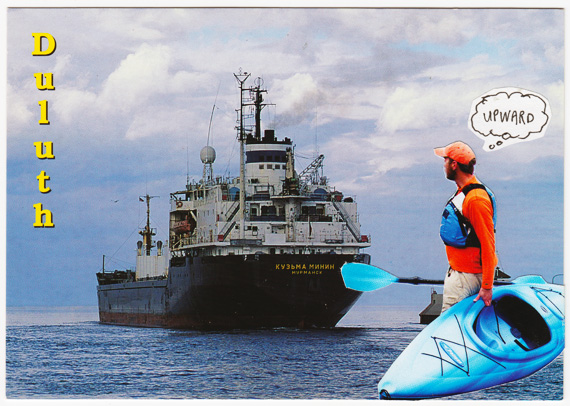 Postcard collage of Russian ship in Duluth, with kayaker in the foreground