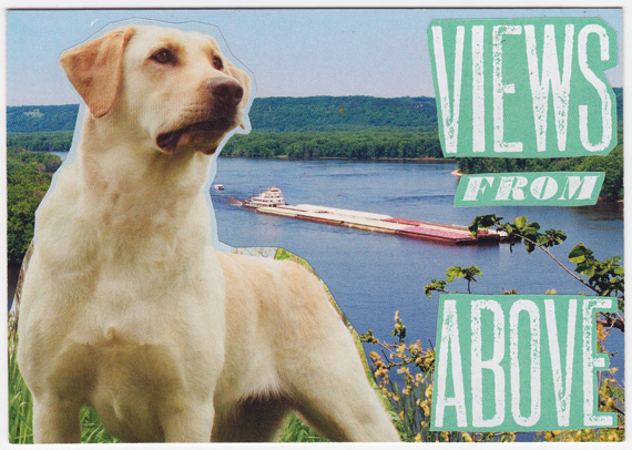 Postcard collage of dog in front of barge in Mississippi river in Iowa