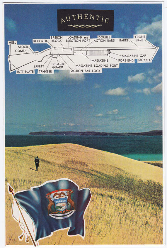 Postcard collage of Sleeping Bear Dunes, flag, and gun diagram
