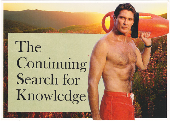 Postcard collage of David Hasselhoff in front of sunset, with text reading "the continuing search for knowledge"