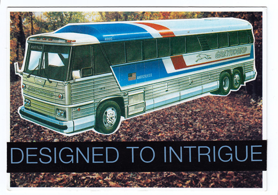 Postcard collage: Greyhound bus in front of leaf-strewn clearing in the woods, with the text "Designed to intrigue."