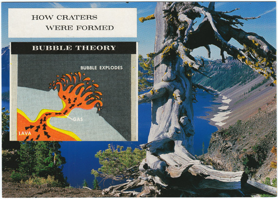 Postcard collage: Diagram of lava exploding, with the text "How Craters Were Formed: Bubble Theory". In the background is Crater Lake.
