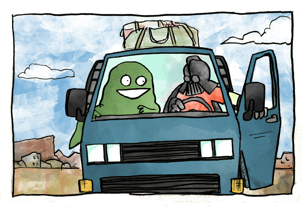 Illustration of Darth Vader entering hover-van with Jabba the Hutt in the passenger seat.