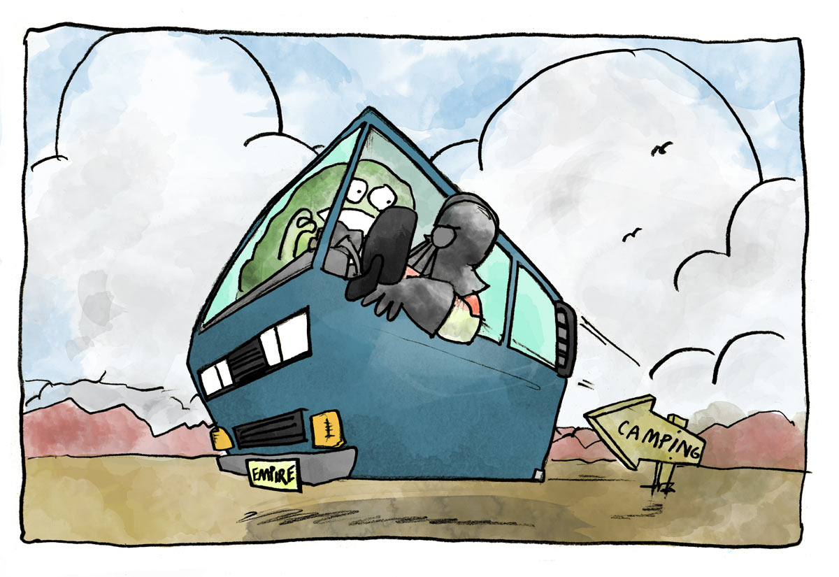 Illustration of hover-van speeding across desert, while Darth Vader drives and Jabba panics.
