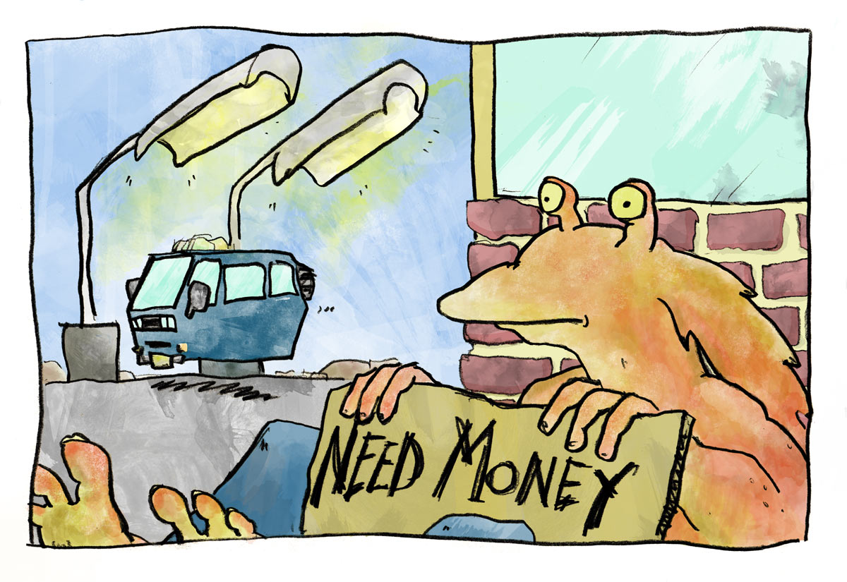 Illustration of hover-van pulling into Mos Eisley gas station. Jar-Jar sits in the foreground, staring despondently into space.
