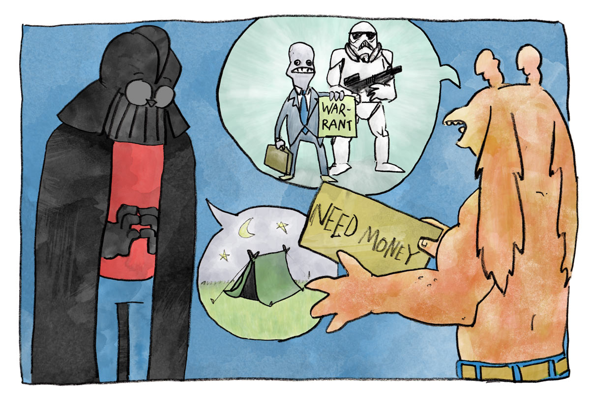Illustration of Jar-Jar explaining the complicated circumstances by which he lost his home. Darth Vader invites him to go camping.