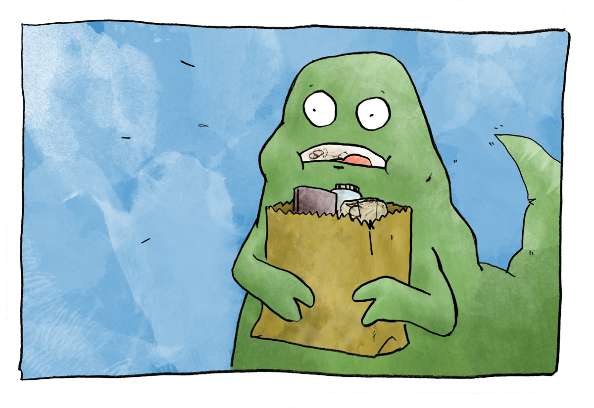 Illustration of Jabba the Hutt holding a bag of groceries and looking astonished.