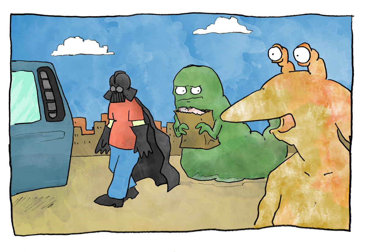 Illustration of Darth Vader, Jabba the Hutt, and Jar-Jar Binks walking across the parking lot to the hover-van.