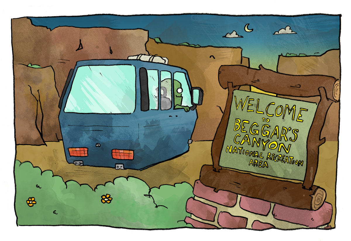 Illustration of hover-van arriving at Beggars Canyon National Recreation Area.