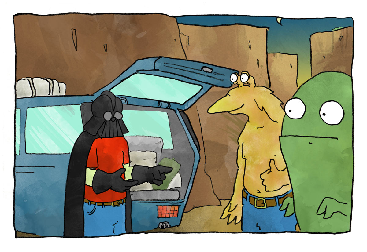 Illustration of Darth Vader instructing Jabba and Jar-Jar to unload the hover-van and set up camp.