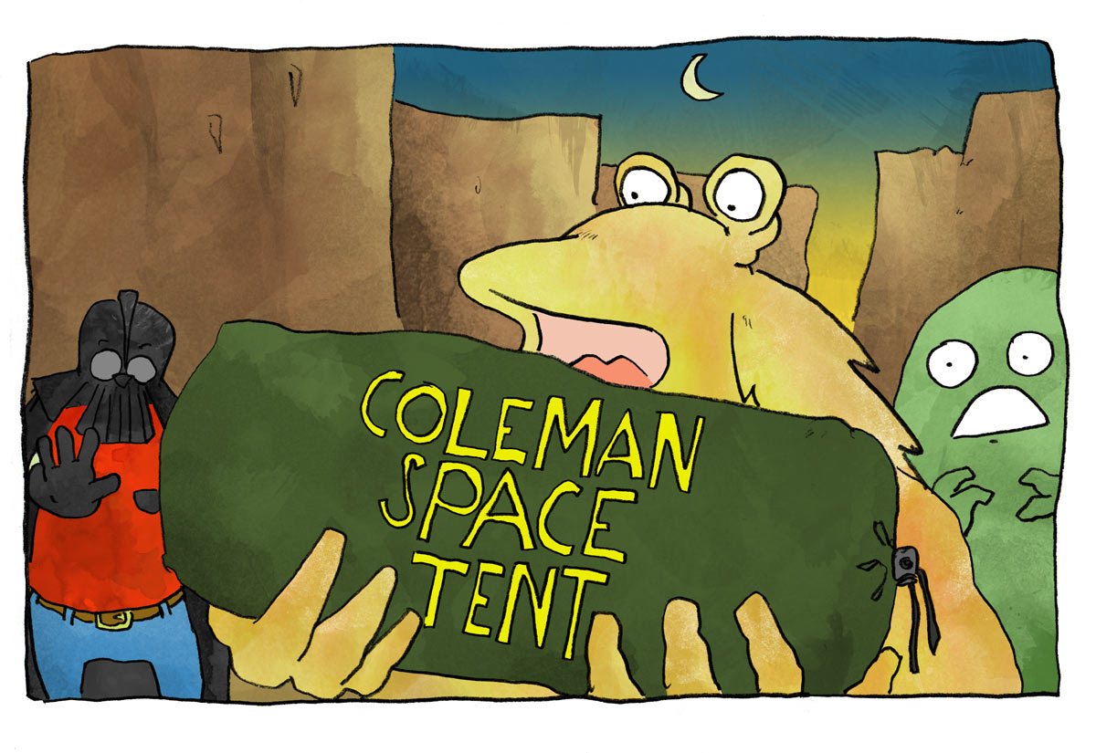 Illustration of Jar-Jar carrying a Coleman Space Tent. Darth Vader and Jabba the Hutt look alarmed.