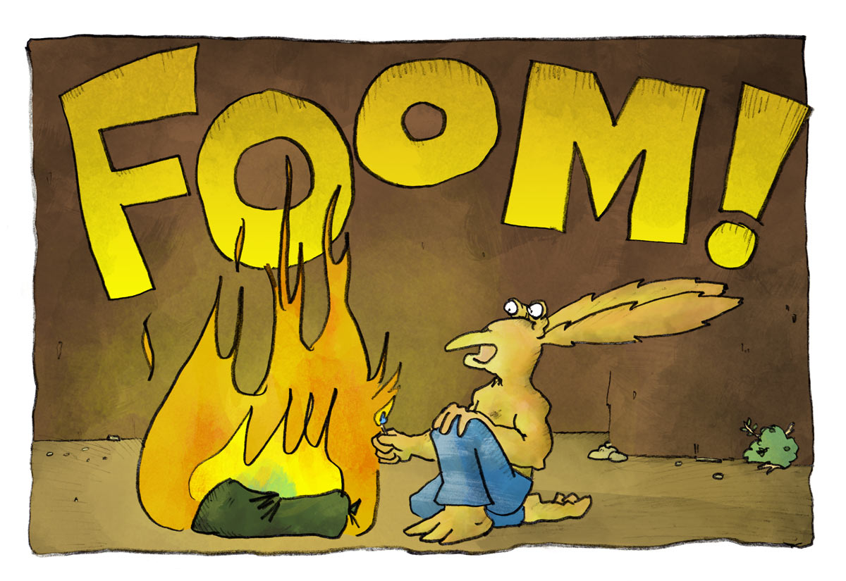 Illustration of Jar-Jar Binks lighting the Coleman Space Tent on fire. It burns brightly.