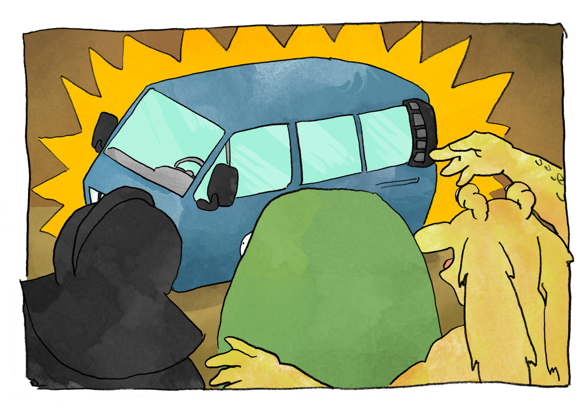Illustration of Jar-Jar Binks gesturing at the hover-van while Darth Vader and Jabba look on.