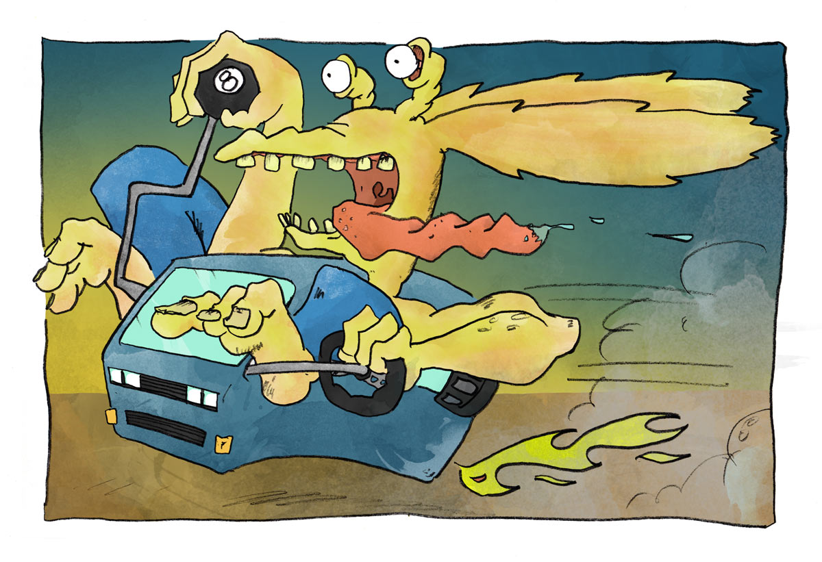 Illustration of Jar-Jar sticking his head out the window while he drives the hover-van in an irresponsible manner at high speed.