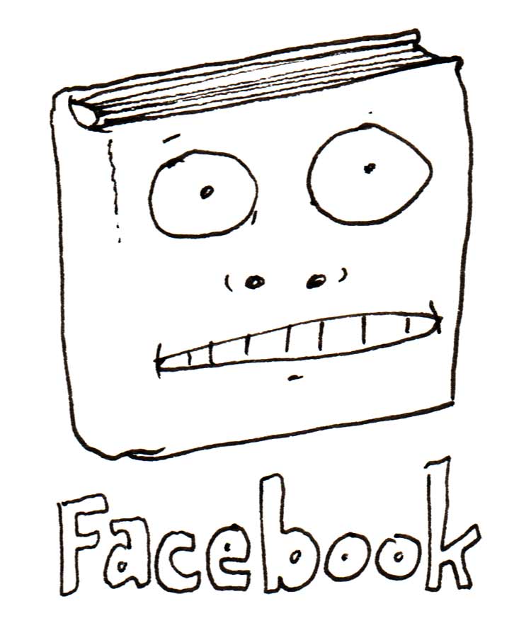 Drawing of a book with a face on it, with the caption "Facebook"