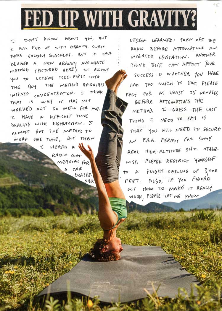 Photo of a person standing on her head, with text in the background, and a header that reads "Fed up with gravity?"