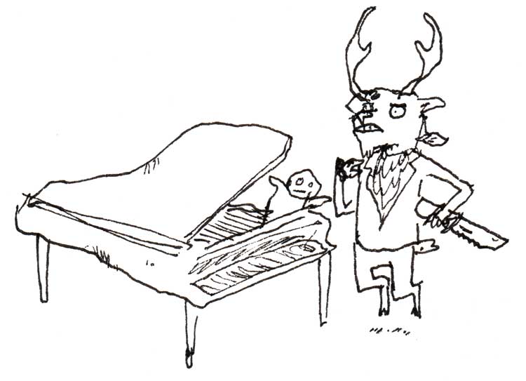 Drawing of a mule deer standing by a piano with a baby in it