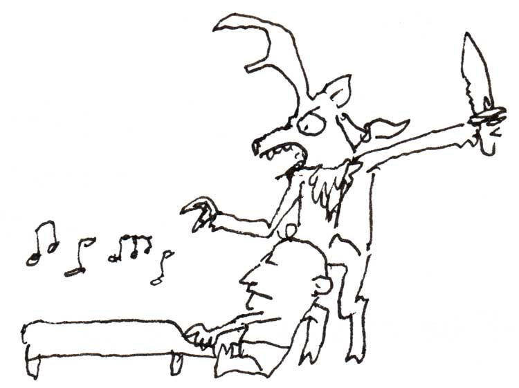 Drawing of a mule deer watching a baby play piano